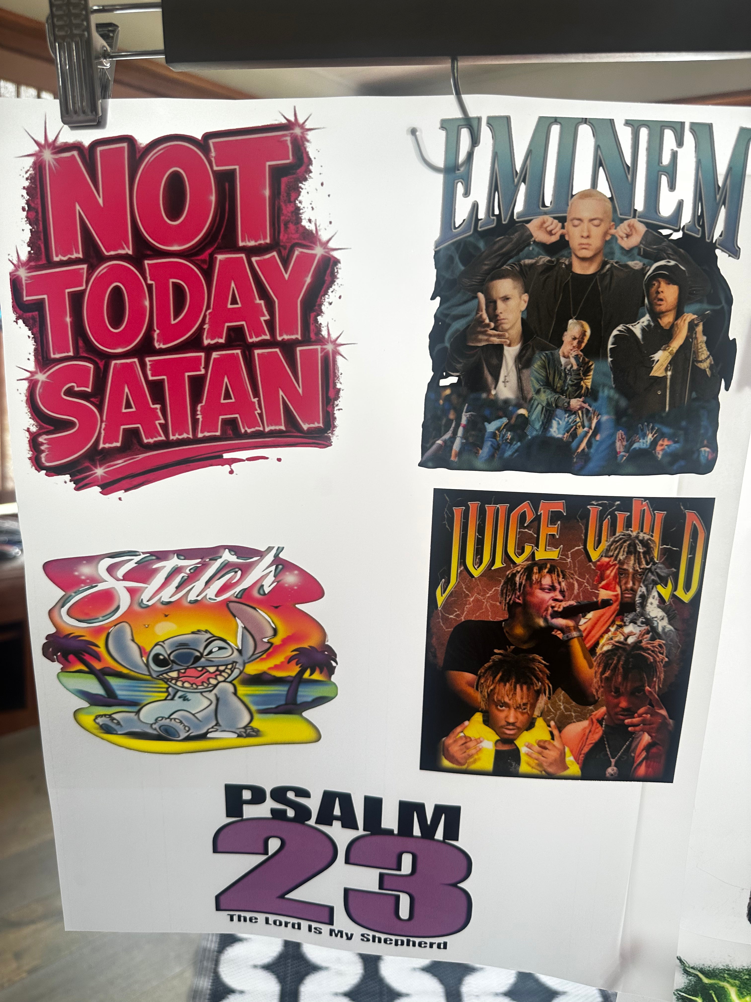 DTF Transfers Pocket size Gang sheets not today Satan Eminem,stitch, juice world, Psalm23